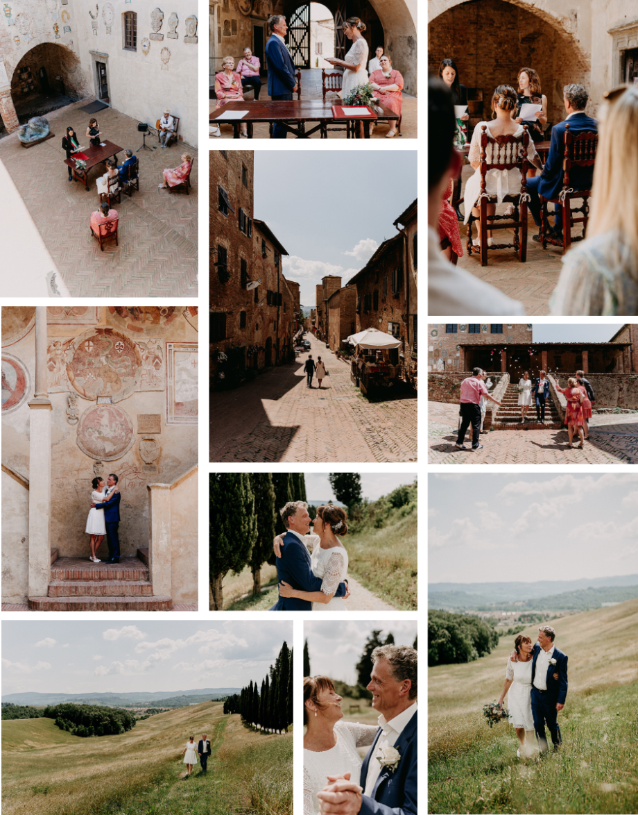 Intimate elopement in Tuscany, photo collage