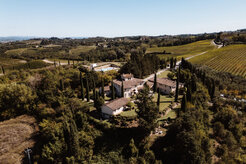 Aerial view of a hilltop wedding venue in Tuscany
